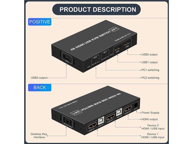 KVM HDMI USB Switch 2x1 USB Switch 4K HDMI Switcher Box For 2 Computers Share Keyboard Mouse Monitor Support 4K 30Hz For Laptop PC Xbox HDTV With 2x USB Cable 1x Switch Button Cable