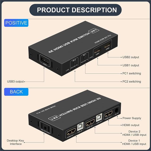 KVM HDMI USB Switch 2x1 USB Switch 4K HDMI Switcher Box For 2 Computers Share Keyboard Mouse Monitor Support 4K 30Hz For Laptop PC Xbox HDTV With 2x USB Cable 1x Switch Button Cable