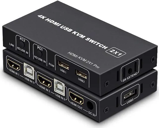 KVM HDMI USB Switch 2x1 USB Switch 4K HDMI Switcher Box for 2 Computers Share Keyboard Mouse Monitor Support 4K 30Hz for Laptop PC Xbox HDTV with 2x USB Cable 1x Switch Button Cable