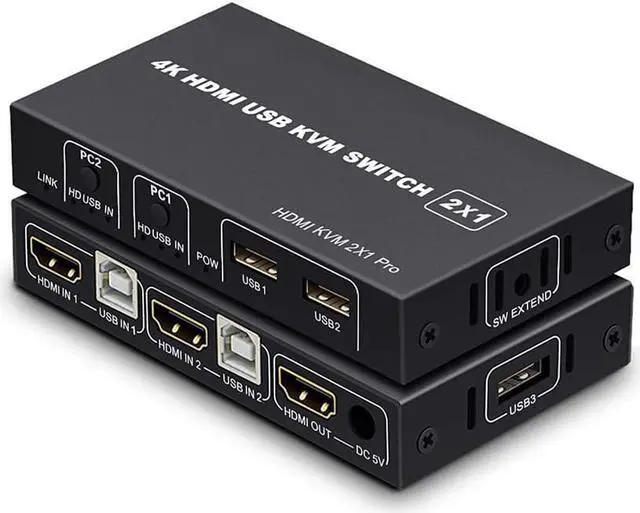 KVM HDMI USB Switch 2x1 USB Switch 4K HDMI Switcher Box for 2 Computers Share Keyboard Mouse Monitor Support 4K 30Hz for Laptop PC Xbox HDTV with 2x USB Cable 1x Switch Button Cable