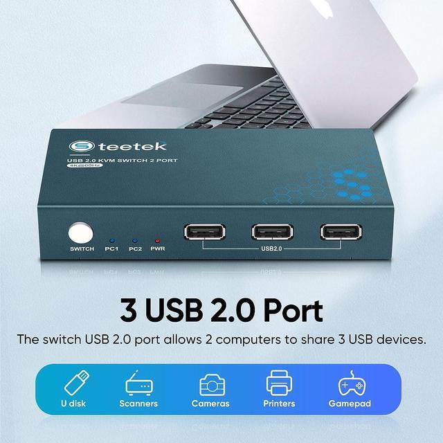 KVM Switch 1 Monitor 2 Computers With 4K 60Hz Ultra HD Resolution HDMI KVM Switch 3 USB 2.0 Hub 2 Port KVM Switch Support Button Switch 2 HDMI Cables & 2 USB Cables Included