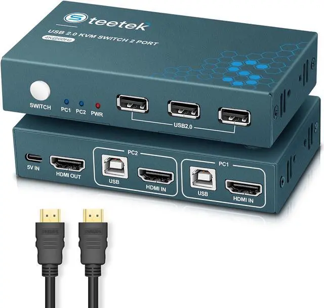 KVM Switch 1 Monitor 2 Computers with 4K 60Hz Ultra HD Resolution HDMI KVM Switch 3 USB 2.0 Hub 2 Port KVM Switch Support Button Switch 2 HDMI Cables & 2 USB Cables Included