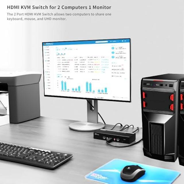 KVM Switch 1 Monitors 2 Computers HDMI 4K 60Hz KVM Switcher 2 PCs Share 1 Monitor Keyboard Mouse Printer Scanner USB2.0 Audio Hotkey EDID Emulation For Windows Mac Linux Unix Cables Included