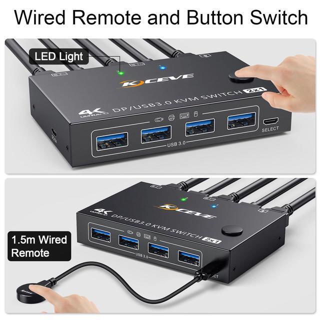 KVM Switch 2 Computers 1 Monitor Displayport USB 3.0 KVM Switch Displayport 4K 144Hz For 2 Computer Share 1 Monitor And 4 USB Devices With Wired Remote
