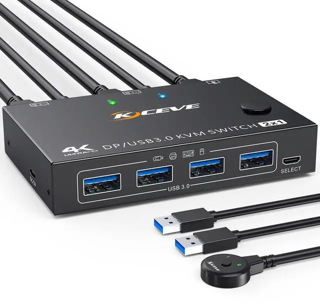 KVM Switch 2 Computers 1 Monitor Displayport USB 3.0 KVM Switch Displayport 4K 144Hz for 2 Computer Share 1 Monitor and 4 USB Devices with Wired Remote