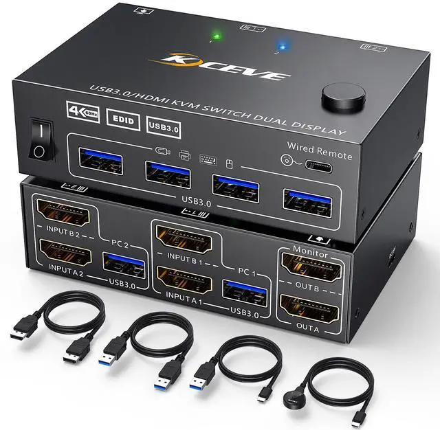 KVM Switch 2 Computers 2 Monitors Dual Monitor HDMI KVM Switcher USB 3.0 Version 4K 60Hz HD Resolution Support Copy and Extended Display with EDID Function to Keep Window in Right Place
