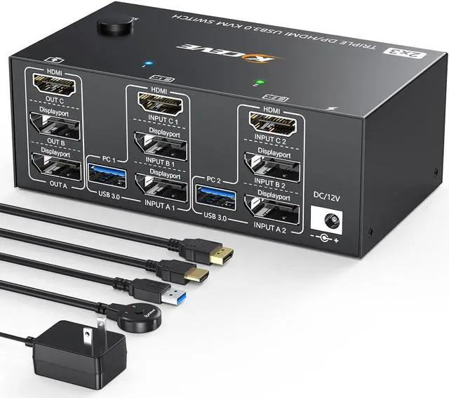 KVM Switch 2 Computers 3 Monitors KCEVE USB 3.0 HDMI + DisplayPort 8K 30Hz/4k 144Hz Triple Monitor DP KVM Switcher for 2 Computer Share 3 Display and 4 USB 3.0 Devices Wired Remote Included