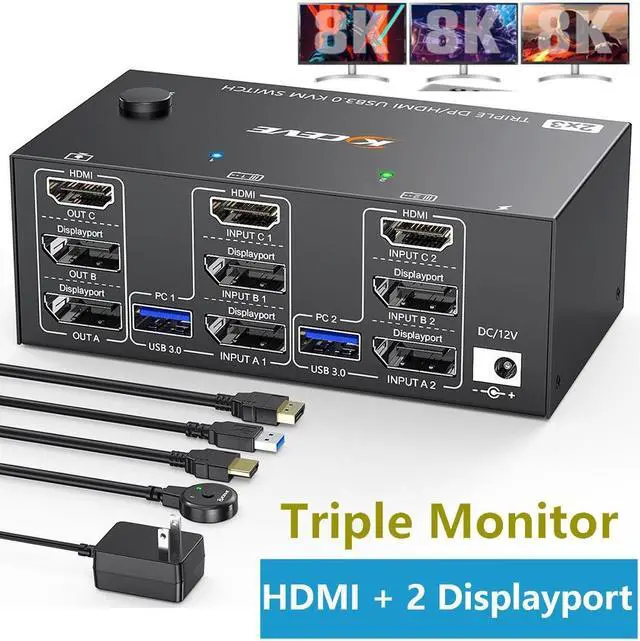 KVM Switch 2 Computers 3 Monitors USB 3.0 HDMI + 2 DisplayPort 8K 30Hz/4k 144Hz Triple Monitor KVM Switcher for 2 Computer Share 3 Display and 4 USB 3.0 Devices Wired Remote Included