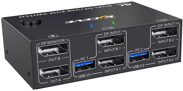 KVM Switch 2 Monitors 2 Computers 4K 144Hz Displayport KVM Switch Dual Monitor for 2 Computer Share 2 Monitor and 4 USB 3.0 Devices with Wired Remote