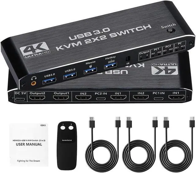 KVM Switch 2 Monitors 2 Computers 4K 60Hz Dual Monitor HDMI KVM Switch 2 in 2 Out with Audio Keyboard Video Mouse Peripherals Display Port Switcher UHD Support USB 3.0 Hub Hotkeys