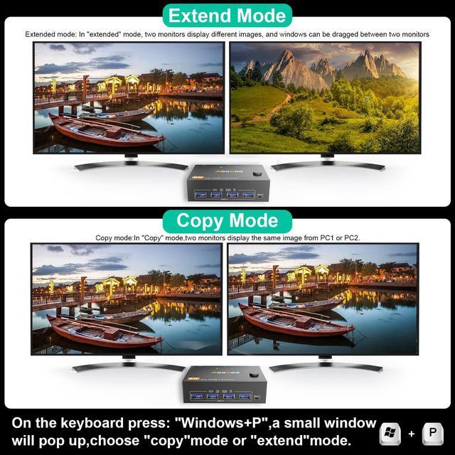 KVM Switch 2 Monitors 2 Computers 8K 30Hz/4K144Hz DP1 USB3.0 Dual Monitors KVM Switches With 4 USB 3.0 Port Wired Remote USB3.0 Cables Included(8K 2 PC 2 Monitor KVM)