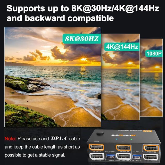 KVM Switch 2 Monitors 2 Computers 8K 30Hz/4K144Hz DP1 USB3.0 Dual Monitors KVM Switches With 4 USB 3.0 Port Wired Remote USB3.0 Cables Included(8K 2 PC 2 Monitor KVM)