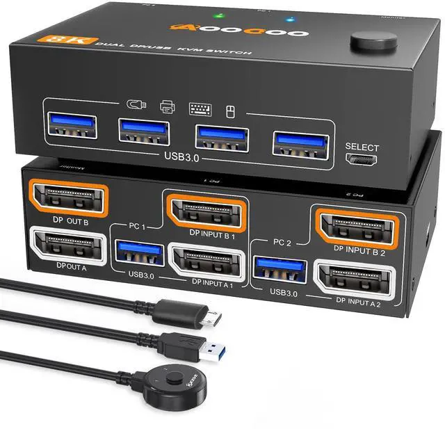 KVM Switch 2 Monitors 2 Computers 8K 30Hz/4K144Hz DP1 USB3.0 Dual Monitors KVM Switches with 4 USB 3.0 Port Wired Remote USB3.0 Cables Included(8K 2 PC 2 Monitor KVM)
