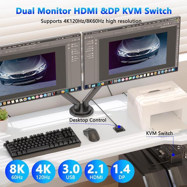 KVM Switch 2 Monitors 2 Computers 8K 60Hz KVM Switch HDMI Extended Display 4K 120Hz KVM Switches For 2 Computers Sharing 2 Monitor 4 USB 3.0 Devices Such As Keyboard Mouse Printer Scanner