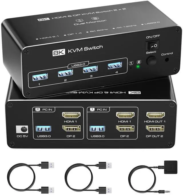 KVM Switch 2 Monitors 2 Computers 8K 60Hz KVM Switch HDMI Extended Display 4K 120Hz KVM Switches for 2 Computers Sharing 2 Monitor 4 USB 3.0 Devices Such as Keyboard Mouse Printer Scanner