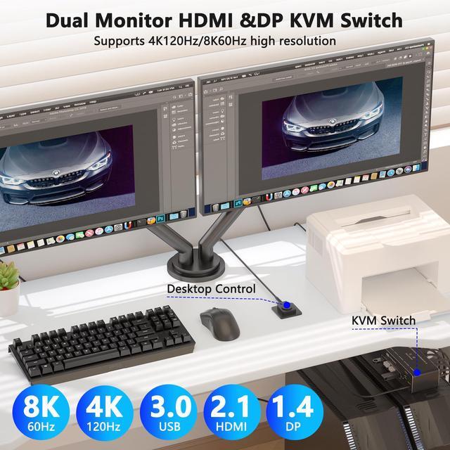 KVM Switch 2 Monitors 2 Computers 8K HDMI+DP Dual Monitor KVM Switch USB 3.0 Hub For 2 PC Share 2 Screens Support Extended/Copy Mode With Desktop Controller With 2 USB Cables & Desktop Controller