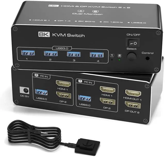 KVM Switch 2 Monitors 2 Computers 8K HDMI+DP Dual Monitor KVM Switch USB 3.0 Hub for 2 PC Share 2 Screens Support Extended/Copy Mode with Desktop Controller with 2 USB Cables & Desktop Controller