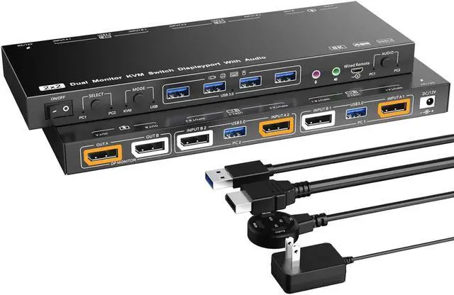 KVM Switch 2 Monitors 2 Computers for 2 Computers to Share 4 USB 3.0 HUB and 2 Monitors Support KVM Mode and USB Mode Voice Controlled DisplayPort KVM Switch 8K 30Hz 4K 144Hz