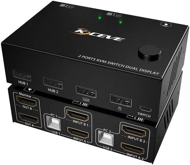 KVM Switch 2 Monitors 2 Computers HDMI KVM Switch Dual Monitor for 2 Computer Share 2 Monitor and 4 USB Devices 4K 30Hz 1080P 120Hz with Wired Remote USB Cable