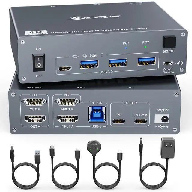 KVM Switch 2 Monitors 2 Computers USB C HDMI Dual Monitor USB 3.0 USB Typc C KVM Switcher Supports 4K 60Hz for 2 Computers Share Keyboard Mouse and Monitor