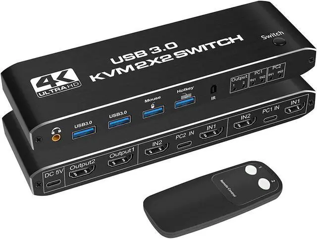 KVM Switch 2 Monitors 2 PCs 4K 60Hz HDMI KVM Switch with Audio Keyboard Video Mouse Peripherals Display Port Switcher UHD Support USB 3.0 Hub Hotkeys
