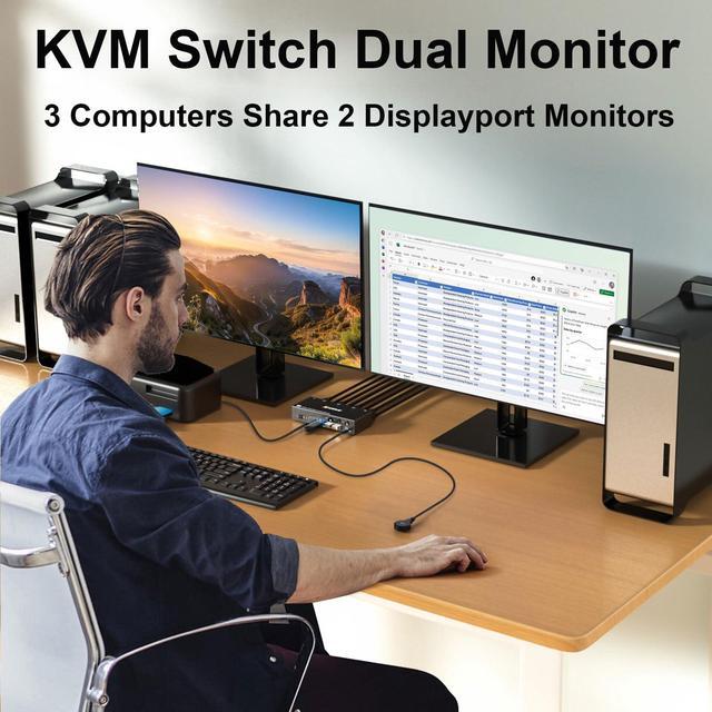 KVM Switch 2 Monitors 3 Computers 4K 144Hz Displayport KVM Switch Dual Monitor For 3 Computer Share 2 Monitor And 4 USB 3.0 Devices With Wired Remote Power Adapter