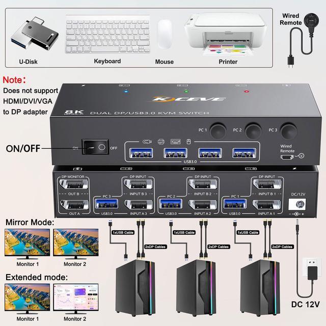 KVM Switch 2 Monitors 3 Computers 4K 144Hz Displayport KVM Switch Dual Monitor For 3 Computer Share 2 Monitor And 4 USB 3.0 Devices With Wired Remote Power Adapter