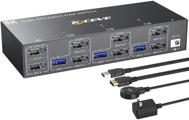 KVM Switch 2 Monitors 3 Computers 4K 144Hz Displayport KVM Switch Dual Monitor for 3 Computer Share 2 Monitor and 4 USB 3.0 Devices with Wired Remote Power Adapter