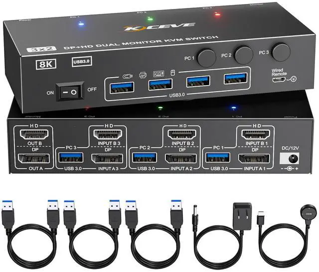 KVM Switch 2 Monitors 3 Computers HDMI + DisplayPort KCEVE USB 3.0 DP KVM Switcher 8K 30Hz/4k 144Hz Dual Monitor DP KVM for 3 PC Share 2 Display and 4 USB 3.0 Devices