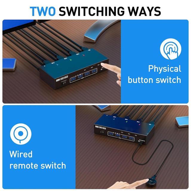 KVM Switch 2 Monitors 3 Computers Share 4 USB Ports USB3.0 KVM Switch For Keyboard Mouse Printer Support 4K 60HZ Dual Monitor Kvm Switcher Support Extended & Duplicate