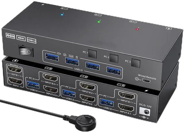 KVM Switch 2 Monitors 3 Computers Share 4 USB Ports USB3.0 KVM Switch for Keyboard Mouse Printer Support 4K 60HZ Dual Monitor Kvm Switcher Support Extended & Duplicate
