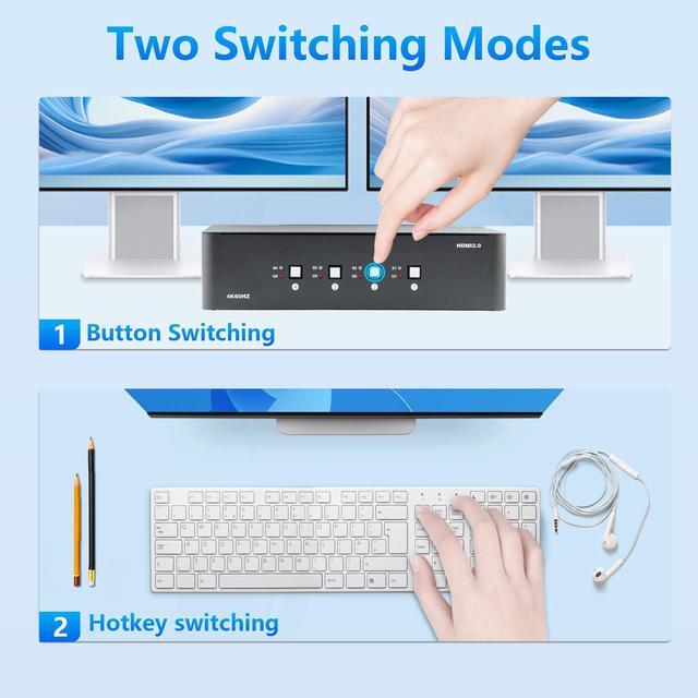 KVM Switch 2 Monitors 4 Computers HDMI 4k 60Hz KVM Switch With 4 USB 3.0 Port And 3.5mm Audio 4 Computers Share One Set Of Leyboard Mouse And Monitors Supports Windows/Mac/Linux Plug-and-Play