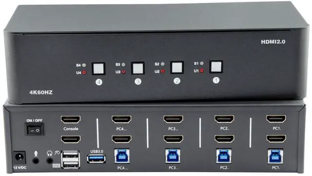 KVM Switch 2 Monitors 4 Computers HDMI 4k 60Hz KVM Switch with 4 USB 3.0 Port and 3.5mm Audio 4 Computers Share One Set of Leyboard Mouse and Monitors Supports Windows/Mac/Linux Plug-and-Play