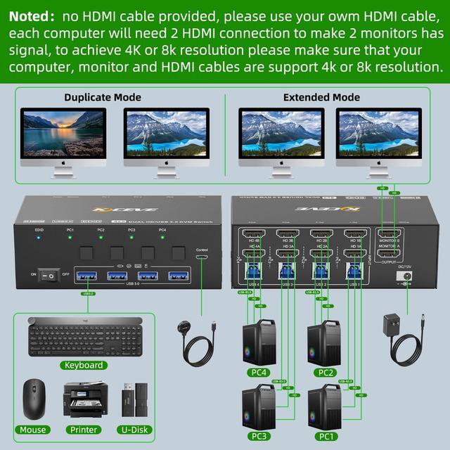 KVM Switch 2 Monitors 4 Computers HDMI 8K 60Hz 4K 144 Hz USB 3.0 KVM Switcher Box With EDID Emulator For 4 Computers Share Mouse Keyboard And Monitor Stable Chip Great Compatibility