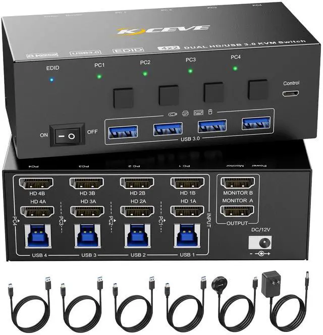 KVM Switch 2 Monitors 4 Computers HDMI 8K 60Hz 4K 144 Hz USB 3.0 KVM Switcher Box with EDID Emulator for 4 Computers Share Mouse Keyboard and Monitor Stable Chip Great Compatibility