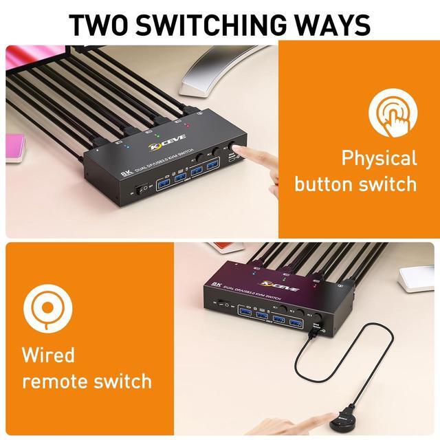 KVM Switch 3 Computer 2 Monitors KCEVE Dual Monitors Displayport USB 3.0 KVM Switcher Supports 4K 60Hz For 3 DP Computers Share 2 DP Monitors Keyboard And Mouse