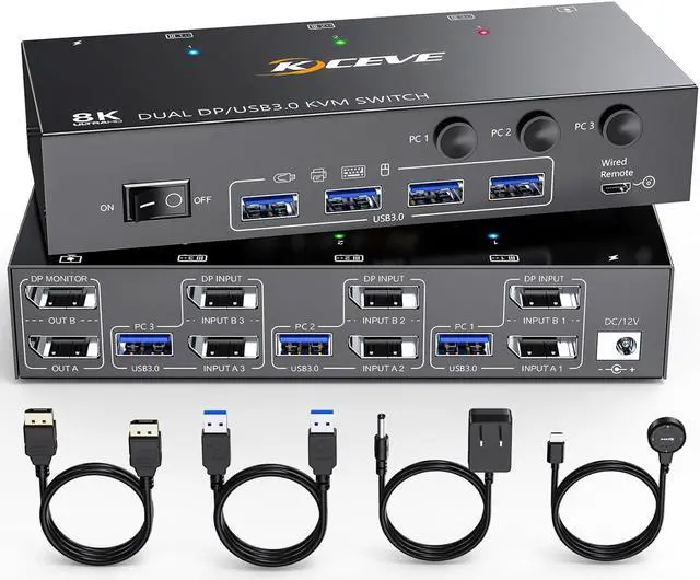 KVM Switch 3 Computer 2 Monitors KCEVE Dual Monitors Displayport USB 3.0 KVM Switcher Supports 4K 60Hz for 3 DP Computers Share 2 DP Monitors Keyboard and Mouse