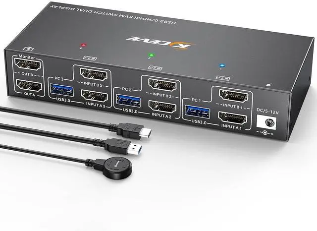 KVM Switch 3 Computers 2 Monitors HDMI 4K 60Hz Dual Monitor USB 3.0 KVM Switcher with EDID Emulator Support Copy and Extended Display for 3 Computers Share 2 Displays and 4 USB Devices