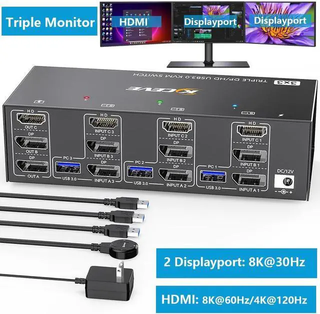 KVM Switch 3 Computers 3 Monitors HDMI + 2 DisplayPort Triple Monitor USB 3.0 KVM Switcher 8K 30Hz/4K 144Hz HDMI+2 DP KVM for 3 PC Share 3 Display and 4 USB3.0 Devices Wired Remote Included