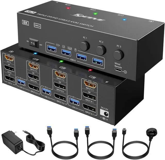 KVM Switch 3 Computers 3 Monitors KCEVE HDMI + DisplayPort USB 3.0 KVM Switcher 8K 30Hz/4k 144Hz Triple Monitor DP KVM for 3 PC Share 3 Display and 4 USB 3.0 Devices Wired Remote Included