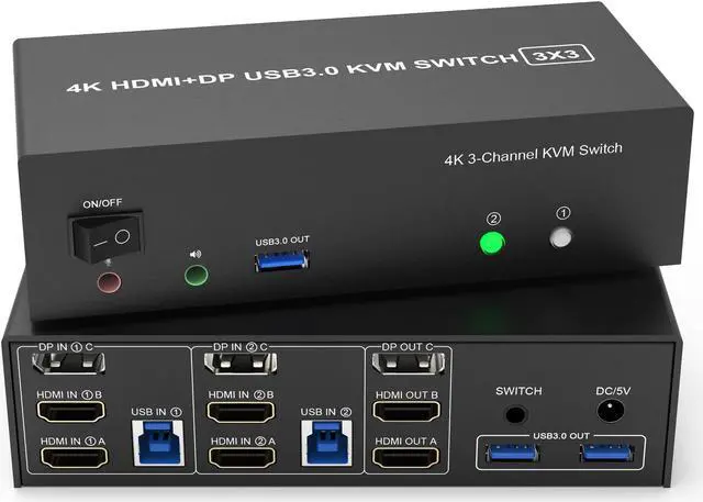 KVM Switch 3 Monitors 2 Computers 4K 60Hz 2 HDMI+Displayport KVM Switch Triple Monitor for 2 Computer Share 3 Monitor Audio Mic Port and 3 USB3.0 Devices Wired Remote and 5V Power Adapter