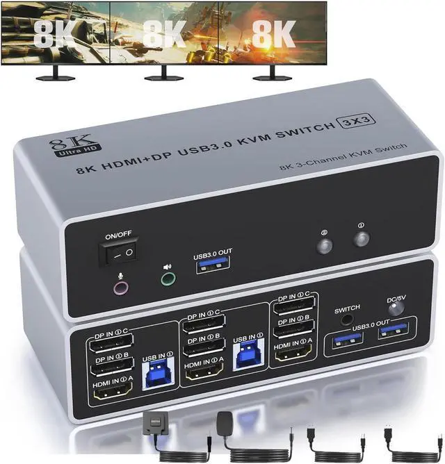 KVM Switch 3 Monitors 2 Computers 8K 60Hz 4K 144Hz HDMI + 2 Displayport Triple Monitor KVM Switch for 2 PC Share 3 Monitor Audio Mic Port and 3 USB 3.0 Devices Support Extended and Copy Mode