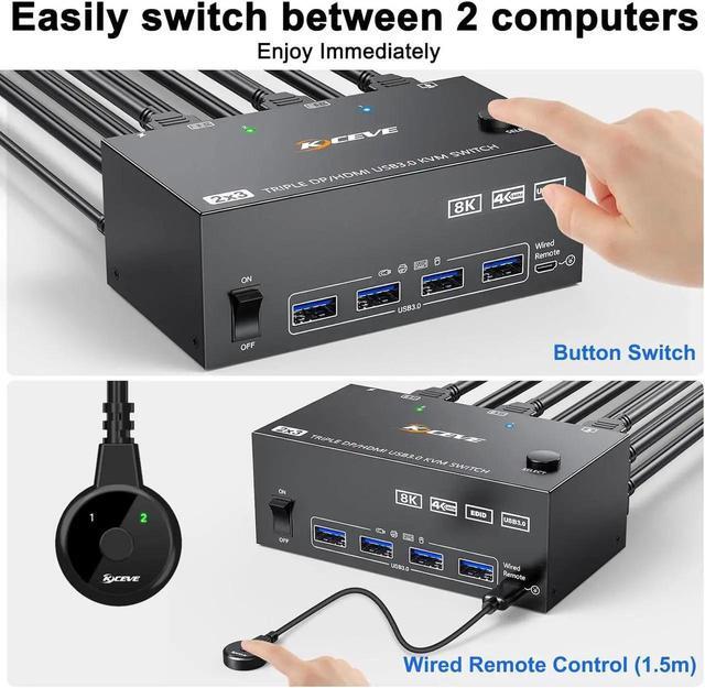 KVM Switch 3 Monitors 2 Computers 8K 60Hz 4K 144Hz HDMI+2 Displayport KVM Switch Triple Monitor For 2 Computer Share 3 Monitor And 4 USB3.0 Port Keyboard Mouse Wired Remote And 5 Cables Included