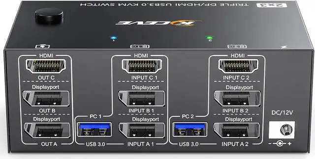 KVM Switch 3 Monitors 2 Computers 8K 60Hz 4K 144Hz HDMI+2 Displayport KVM Switch Triple Monitor for 2 Computer Share 3 Monitor and 4 USB3.0 Port Keyboard Mouse Wired Remote and 5 Cables Included
