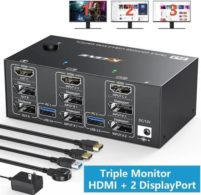 KVM Switch 3 Monitors 2 Computers 8K 60Hz 4K 144Hz HDMI + 2 Displayport Triple Monitor KVM Switch for 2 Computer Share 3 Monitor and 4 USB 3.0 Port Keyboard Mouse Wired Remote and USB Cables Included