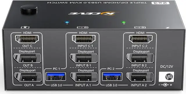 KVM Switch 3 Monitors 2 Computers 8K 60Hz 4K 144Hz HDMI+2 Displayport KVM Switch Triple Monitor for 2 Computer Share 3 Monitor and 4 USB3.0 Port Keyboard Mouse Wired Remote and 5 Cables Included