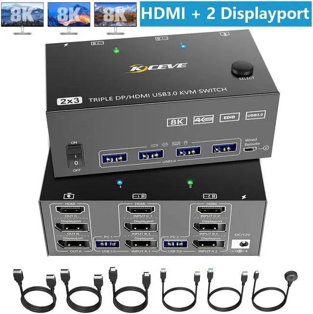 KVM Switch 3 Monitors 2 Computers Triple Monitors KVM Switch 2 DisplayPort + HDMI 3 Ports 8K 60Hz 4K 144Hz Extended Display KVM Switches with 4 USB 3.0 Ports for Keyboard Mouse U-Disk and Printer