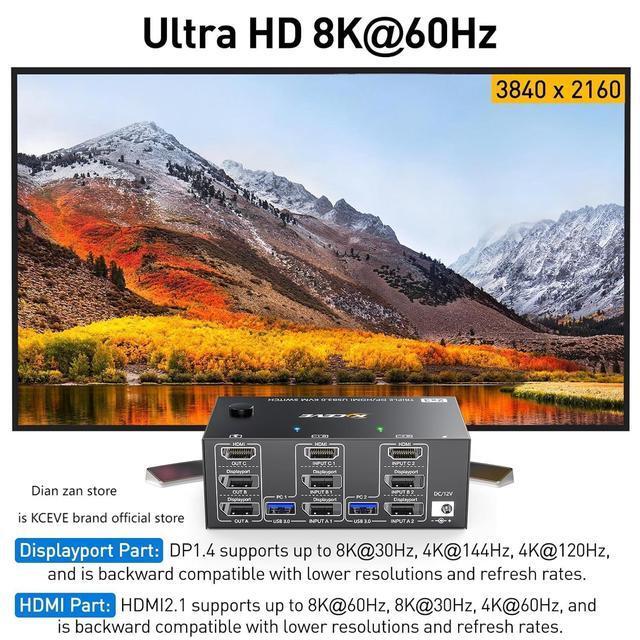 KVM Switch 3 Monitors 2 Computers USB 3.0 HDMI + DisplayPort 8K 30Hz/4k 144Hz Triple Monitor DP KVM Switcher For 2 Computer Share 3 Display And 4 USB 3.0 Devices Wired Remote Included