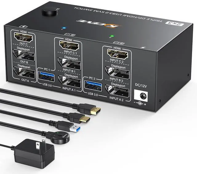 KVM Switch 3 Monitors 2 Computers USB 3.0 HDMI + DisplayPort 8K 30Hz/4k 144Hz Triple Monitor DP KVM Switcher for 2 Computer Share 3 Display and 4 USB 3.0 Devices Wired Remote Included