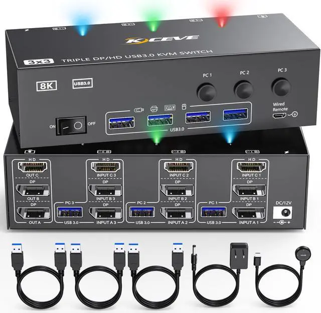KVM Switch 3 Monitors 3 Computers 4K 144Hz HDMI+2 Displayport KVM Swticher Support 8K 30Hz 3 PC Triple Monitor KVM Switches Support Extended Mode